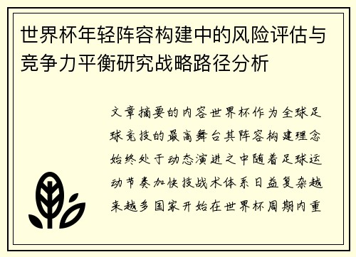 世界杯年轻阵容构建中的风险评估与竞争力平衡研究战略路径分析